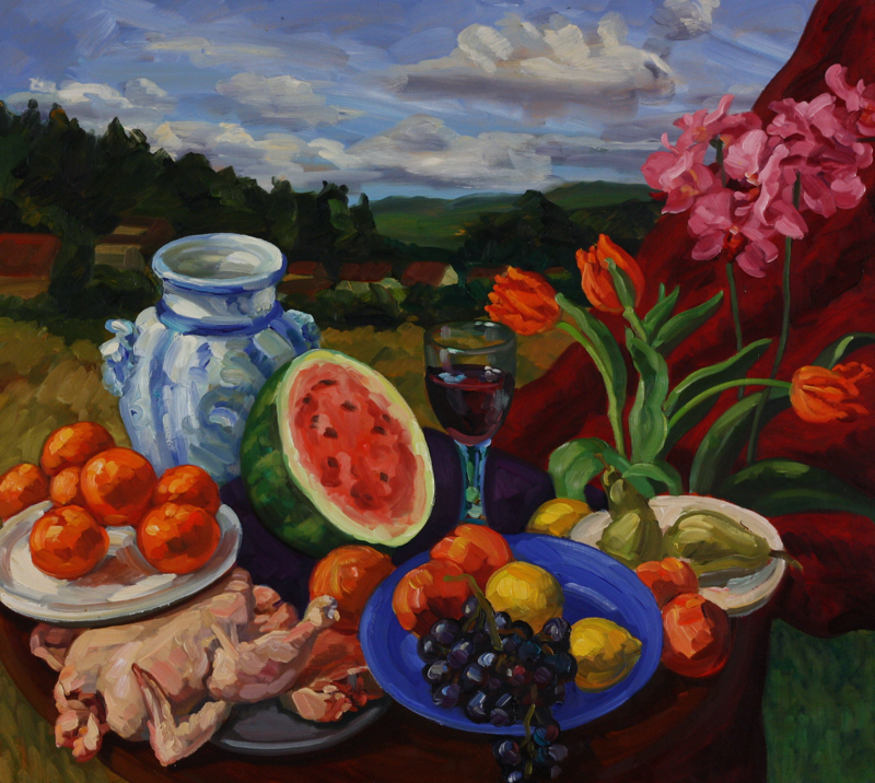 Fish & Orchids; oil on canvas, 150 x 150 cm, 1995