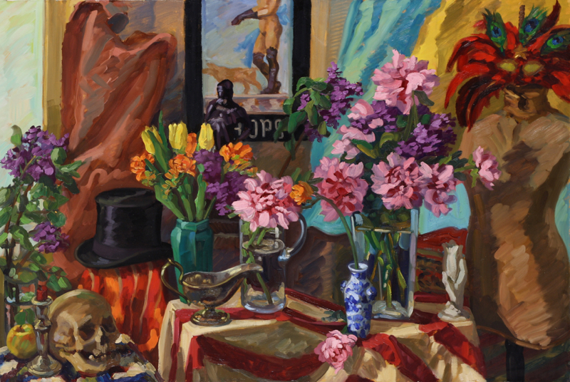 Peonies & Top Hat; oil on canvas, 120 x 150 cm, 2005