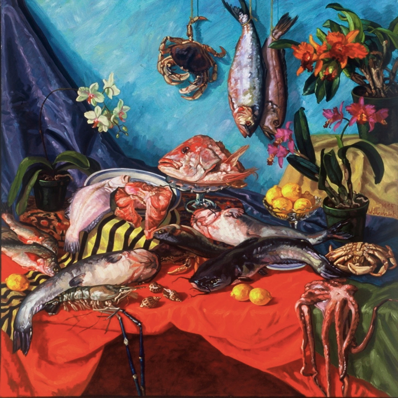 Fish & Orchids; oil on canvas, 150 x 150 cm, 1995