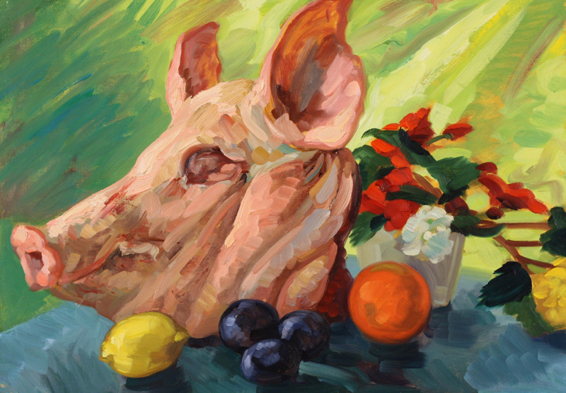 Pig Head and Flowers; oil on canvas, 50 x 70 cm, 2009