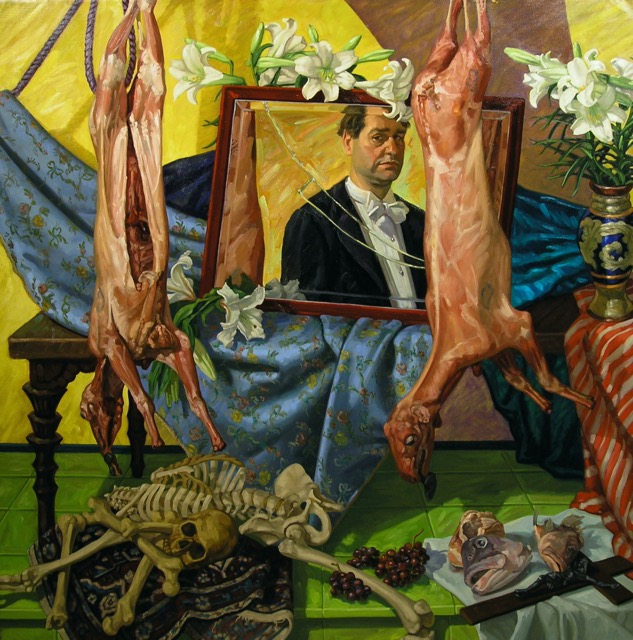 Self-Portrait with Two Carcasses; oil on canvas, 180 x 180cm, 1996