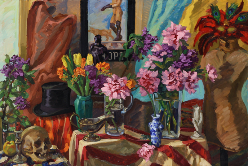 Peonies & Top Hat; oil on canvas, 120 x 150 cm, 2005